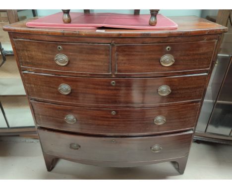 A 19th century mahogany bow front chest of 3 long and 2 short drawer with brass drop handles, on bracket feet, width 107 cm 