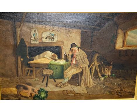 G K: Old man in cottage with animals, oil on canvas, monogrammed, 40 x 60 cm, framed It is actually dated 1912, it is in good