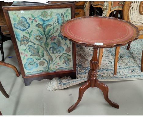 A reproduction wine table; a needlework firescreen; a stool 