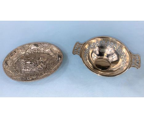 One Continental cast white metal pin dish and one Art Deco hall marked silver sweetmeat dish with double handles 1.2 oz