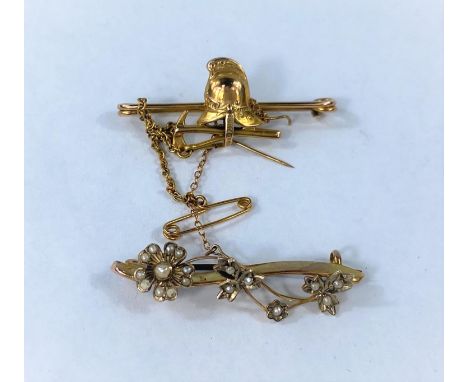 A seed pearl set 9ct hallmarked gold dress ring in the form of flowers, (base metal pin); a yellow metal bar brooch set with 