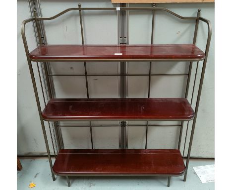 A 3 height metal and wood shelf unit; a mahogany dwarf chest of drawers; a hat and coat stand 