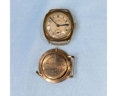 A 9 carat hallmarked gold watch case, 6.9 gm; a vintage gold plated watch 