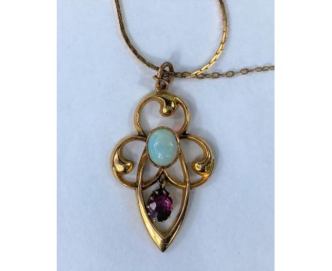 An Art Nouveau style yellow metal pendant set with an opal colour stone and an amethyst stone,, 2gm, on gold plated chain