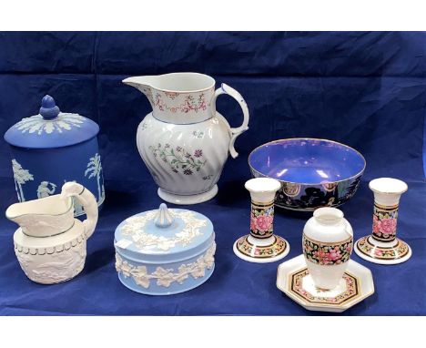 A Wedgewood blue Jasperware biscuit barrel; a 1930's "Pan's Garden" lustre bowl, a New Hall style jug and decorative china Re