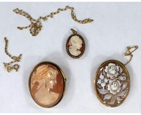 A flower carved shell cameo brooch/pendant in yellow metal surround, stamped 14k and 2 other female bust cameos, one is 9ct h