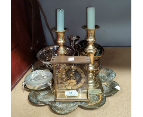 A mid 20th century 'Uwestra' unusual skeleton/mantel clock in gilt metal; decorative brassware; etc. 