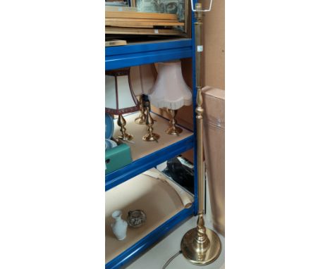 A brass standard lamp; 4 table lamps 