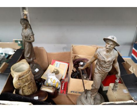 A 19th century pair of spelter figures:  miner &amp; gardener; a selection of vintage irons (sold as collectors items only); 