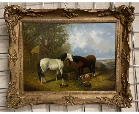 EDGAR H FISHER 1870-1939 OIL ON PANEL - FARMYARD SCENE WITH HORSES &amp; FIGURES - SIGNED 29CM X 39CM - VERY GOOD CONDITION, 