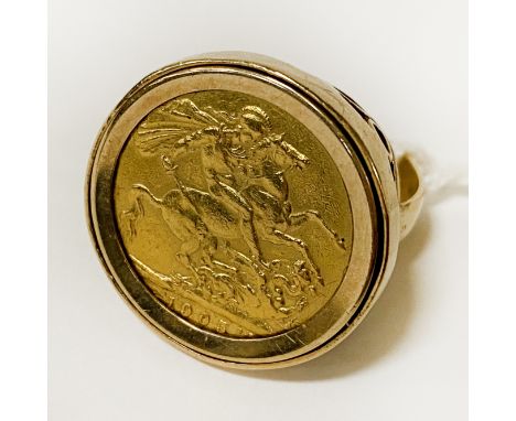 1905 FULL SOVEREIGN RING - 9CT - SIZE R - 14.2 GRAMS APPROX