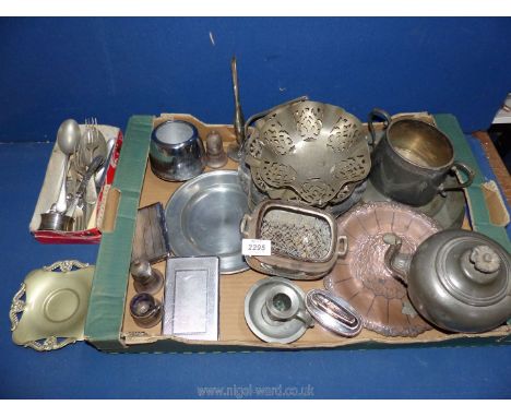 A large quantity of plated ware, together with a pewter teapot and plates, cruet set, cigarette cases, lighter, etc.