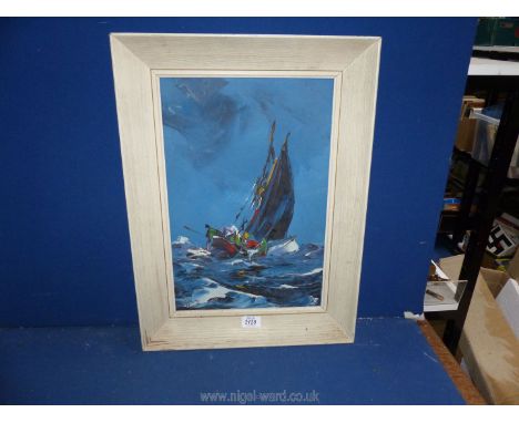 A framed Oil on board depicting a sailing boat in rough seas, signed lower left Deakins '71, George R. Deakins, 16 1/2" x 22 