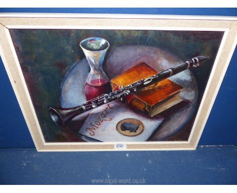 A framed Oil on board depicting a still life with a clarinet resting on a book with sheet music and wine. Initialed lower rig
