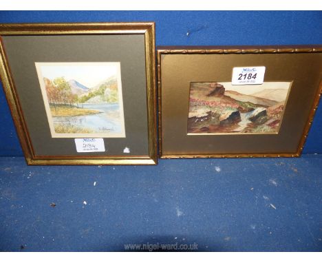 A framed and mounted Print depicting "Llyn Gwynan" along with a small watercolour of a mountain stream, unsigned.