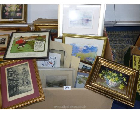 A large quantity of Prints to include an etching of The Cross Ludlow, a canal boat by Barbara Graham etc.