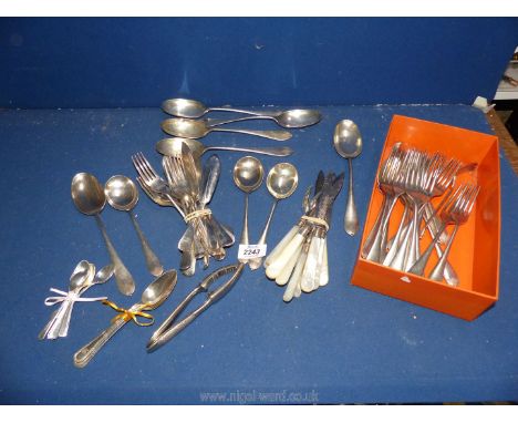 A quantity of epns cutlery including mother of pearl handled Oyster knives and forks, Dixon spoon and forks, teaspoons, etc.