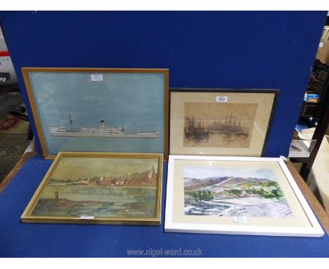 An etching of Butlers Wharf by Herbert Menzies Marshall, oil landscape, oil on board of towns and print of a ship.