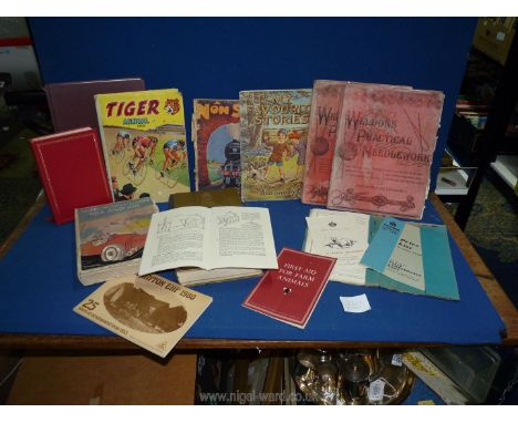 A box of books to include; Weldon's Practical Needlework, First Aid for Farm Animals, etc.