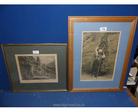 A framed and mounted woodblock Print titled 'A Hop Picker', along with a B.T. Pouncey etching entitled 'An Iron Forge at Tint
