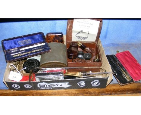 Various collectables, including technical drawing set, button hook, etc.