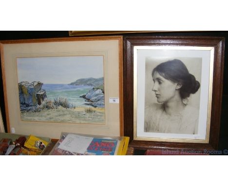 Watercolour of coastal scene, together with a portrait