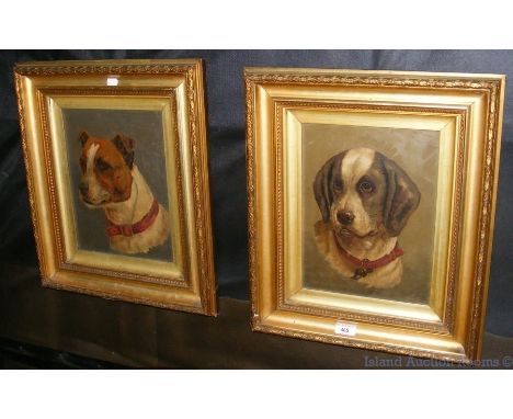 Pair of dog portrait paintings - signed MARY RUSSELL - in gilt frames