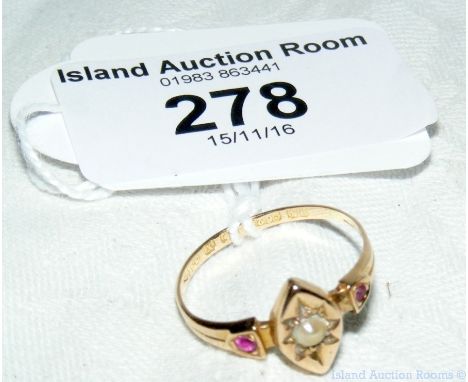 A pearl and red stone ring in 15ct gold setting