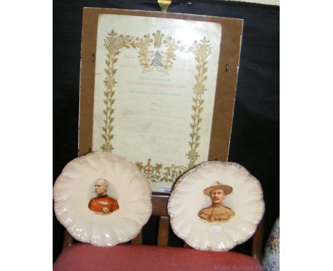 Pair of commemorative Boar War plates, including Baden Powell, together with a Royal Menu from 1863