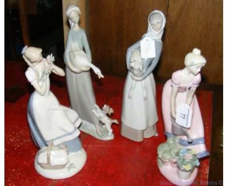 Lladro figure - woman carrying lamb, together with three other figurines