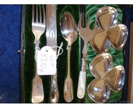 A pair of silver shamrock style dishes, together with plated Christening knife, fork and spoon set, etc.