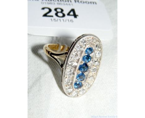 Good quality Art Deco style boat shaped diamond and sapphire lady's ring in gold setting