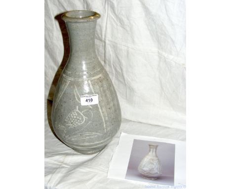 BERNARD LEACH - a fine stoneware pear shaped bottle - grey glaze with body painted with white fritillary flowers - circa 1960