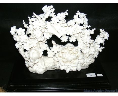 Decorative ceramic flower and dove group on wooden stand - 28cm
