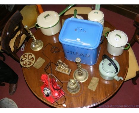 Vintage enamel kitchenware, old phone, etc.