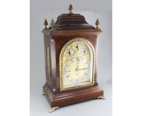 A George III style mahogany eight day chiming bracket clock, the arched dial with strike silent, slow fast and eight bells / 