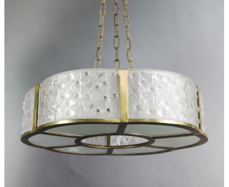 A pair of 1930's Lalique-style gilt metal and frosted glass hexalobed light fittings, inset with laurel leaf moulded panels, 