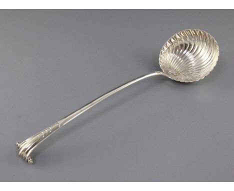 A George III silver Onslow pattern soup ladle by Jacob Marsh or John Moore, with fluted bowl, London, 1777, 13in, 5.5 oz.