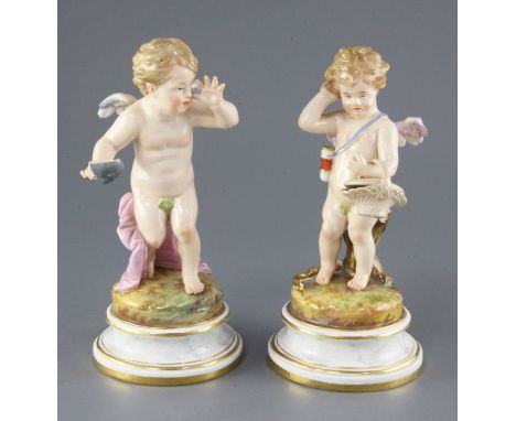 Two Meissen figures of Cupid, circa 1900, the first of Cupid holding a basket, the second holding a mask, both on circular fa
