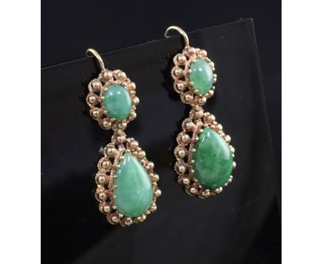 A pair of gold and jade drop earrings, each set with two cabochon stones and beaded gold border, 35mm.