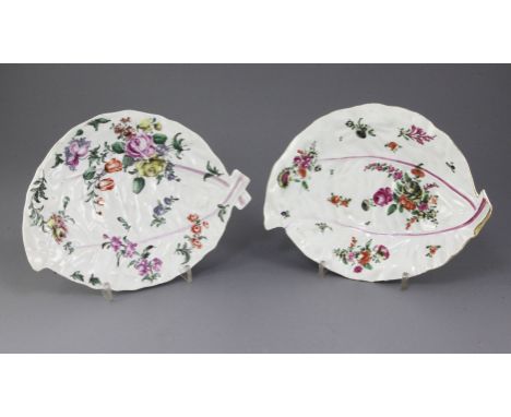 Two Worcester polychrome leaf-shaped dishes, c.1760, each profusely painted with floral sprays and picked out in puce enamels