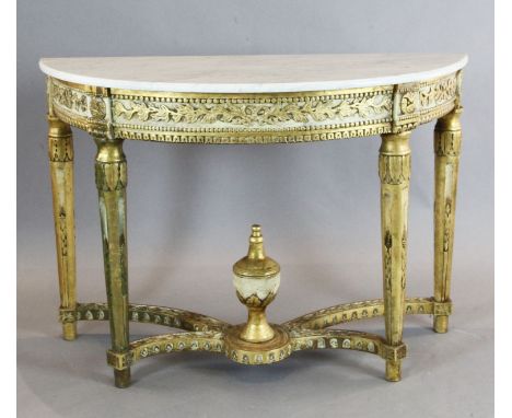 A Regence style 'D' shaped marble topped cream and gilt console table