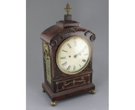 A Regency brass inset mahogany hour repeating bracket clock, with architectural case and painted dial, unsigned twin fusee mo