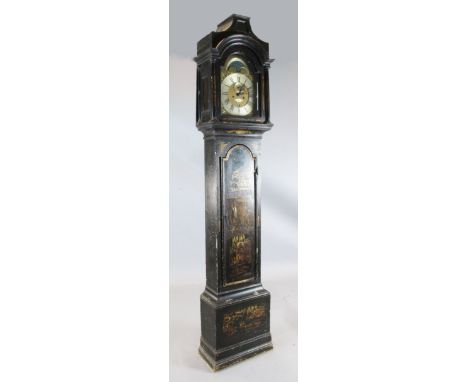 Jno. Robinson of Westminster. An early 18th century black lacquered eight day longcase clock, the 12 inch arched brass dial w