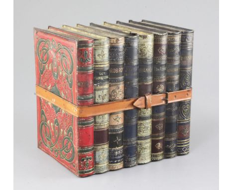A Huntley & Palmer novelty biscuit tin, late 19th century, modelled as eight leather bound books, 6.25in., light oxidisation