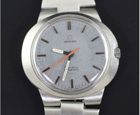 A gentleman's 1970's stainless steel Omega Dynamic wrist watch, with grey dial, baton numerals and red sweep seconds, on a st