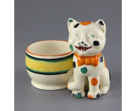 A Clarice Cliff 'Laughing Cat' pen holder, circa 1932, black printed mark 'Bizarre by Clarice Cliff', height 11.5cm