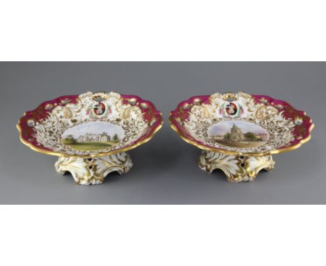 A rare pair of George Grainger & Co. Worcester topographical low footed dessert dishes, c.1846, each piece finely painted in 