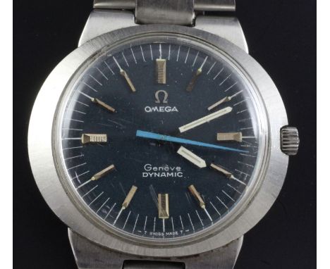 A gentleman's 1970's stainless steel Omega Dynamic manual wind wrist watch, the oval blue dial with baton markers and blue sw