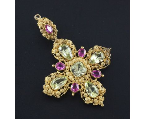 A late Victorian gold, ruby and pale green sapphire set cross pendant, with cannetile work setting, 2.5in.